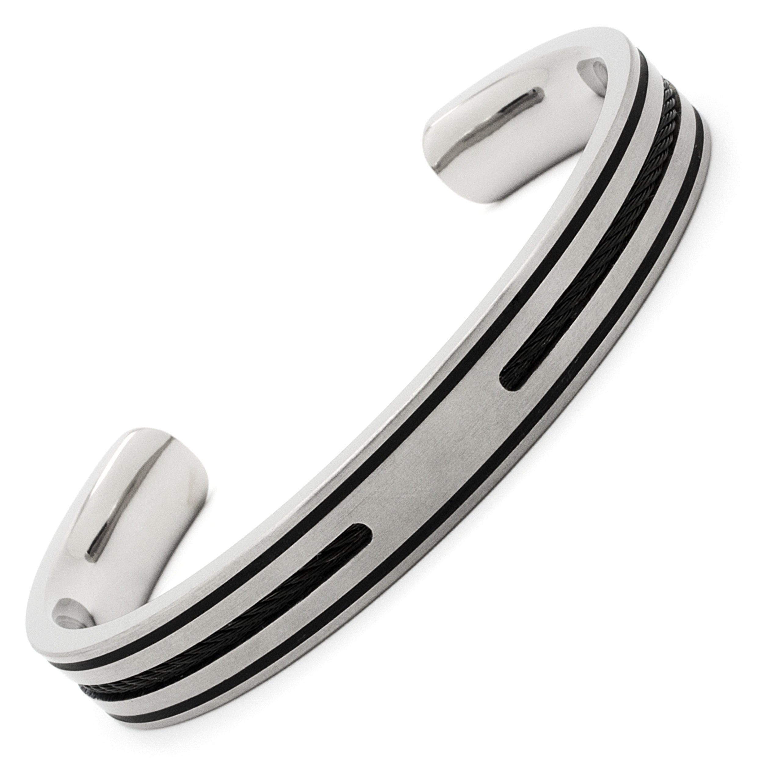 Titanium Cuff Bracelet with Black Cable Inlays – Suay Men